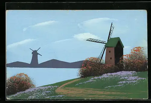Künstler-AK Handgemalt: Windmühlen am Wasser