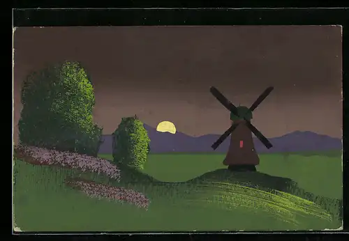 Künstler-AK Handgemalt: Windmühle bei Vollmond