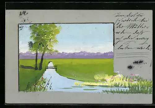 Künstler-AK Handgemalt: Landschaft mit Bach im Frühling