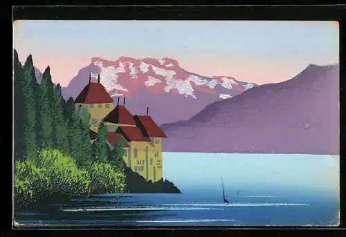 Künstler-AK Handgemalt: Schloss an einem Bergsee