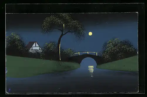 Künstler-AK Handgemalt: Vollmondnacht mit Haus und Brücke