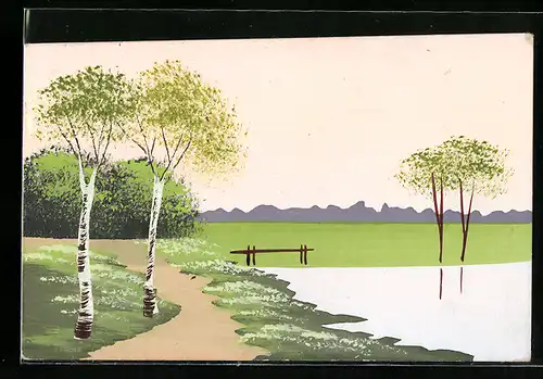 Künstler-AK Handgemalt: Park mit Birken im Frühling