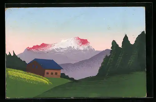 Künstler-AK Handgemalt: Haus vor Bergkulisse