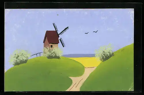 Künstler-AK Handgemalt: Windmühle im Sommer