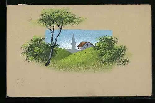 Künstler-AK Handgemalt: Frühlingslandschaft mit Haus und Kirchturm