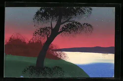 Künstler-AK Handgemalt: Bäume am Wasser unter rotem Himmel