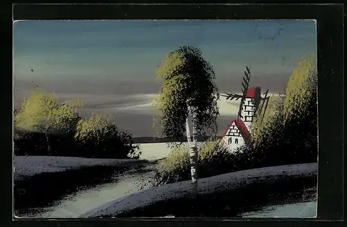 Künstler-AK Handgemalt: Windmühle und Haus an einem Gewässer