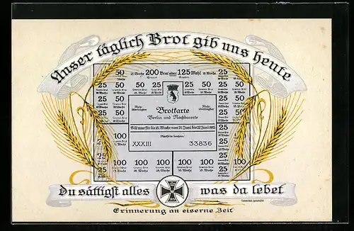 AK Brotkarte für Berlin und Nachbarorte, Juni 1915, Kriegsnot