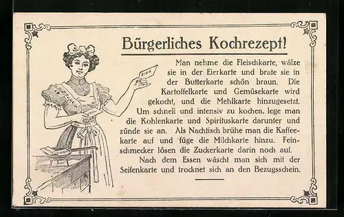 AK Bürgerliches Kochrezept, Kriegsnot, Fleischkarte