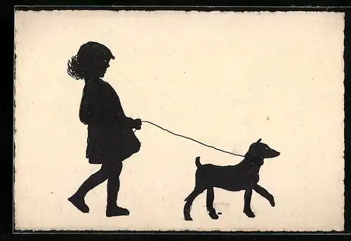 Künstler-AK Handgemalt: Kind beim Gassi gehen mit dem Hund, Schattenbild