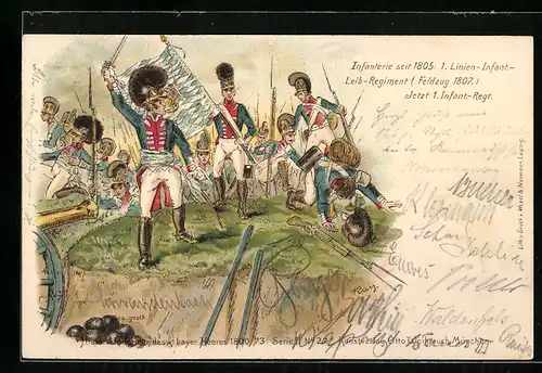 Lithographie 1. Infanterie-Regiment seit 1805, bayerische Soldaten in Uniform