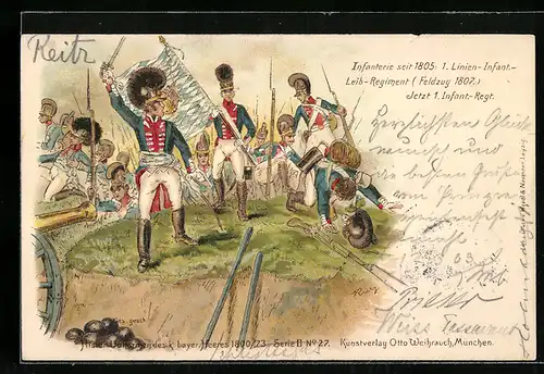 Lithographie 1. Infanterie-Regiment seit 1805, bayerische Soldaten in Uniform