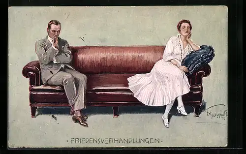 Künstler-AK Liebespaar bei ihren Friedensverhandlungen