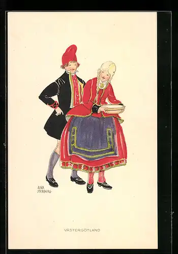 Künstler-AK sign. Aina Stenberg: Paar in schwedischer Tracht aus Västergötland
