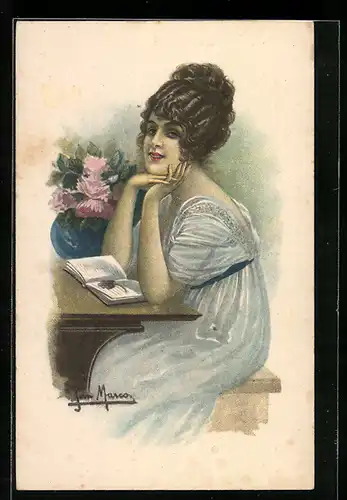 Künstler-AK sign. Marco: Junge Dame mit Buch