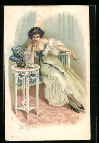 Künstler-AK sign. Marcoz: Kokette Dame auf dem Sofa