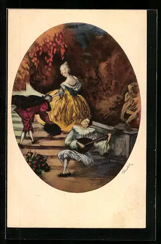 Künstler-AK Pierrot mit Laute und Liebespaar, Barock, Rokoko