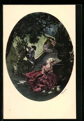 AK Paare auf einem Faschingsfest im nächtlichen Garten, Art Deco