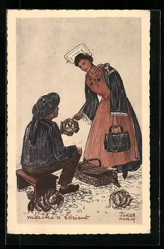 Künstler-AK sign. Jorge Morin: Lorient, Types et Costumes Bretons, Marktszene
