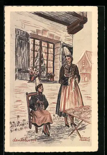 Künstler-AK sign. Jorge Morin: Pont-l'Abbe, Types et Costumes Bretons, Mutter und Kind stricken im Garten