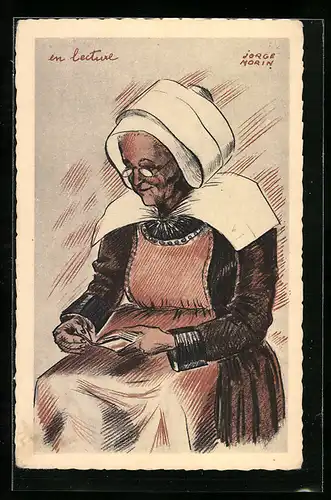 AK Alte französische Bäuerin aus der Bretagne liest ein Buch