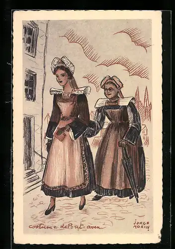 Künstler-AK Pont-Aven, Costumes Bretons, zwei Frau in Volkstracht der Bretagne