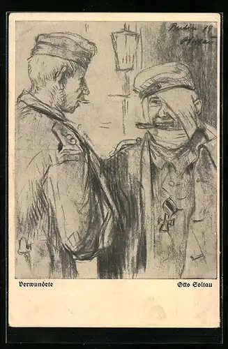 Künstler-AK sign. Otto Soltau: Verwundetete Soldaten im Gespräch
