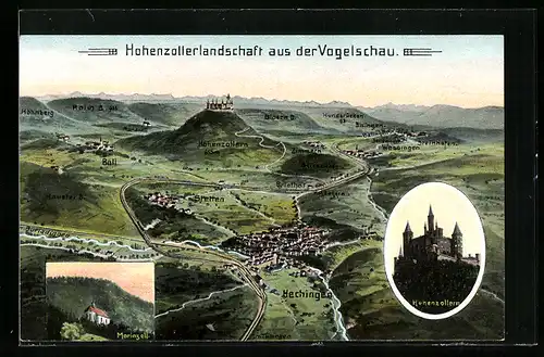 Künstler-AK Eugen Felle: Stetten, Ortsansicht mit Hechingen, Mariazell und Hohenzollern
