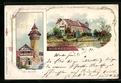 Lithographie Nürnberg, Tiefer Brunnen, Burg, Westseite