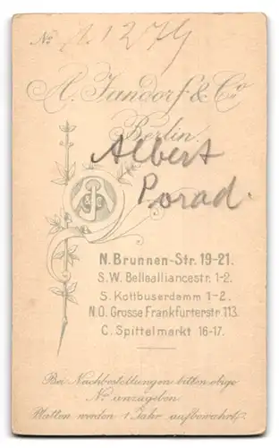 Fotografie A. Jandorf, Berlin, Brunnen-Strasse 19-21, Albert Porad mit Bart im Anzug