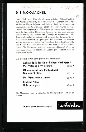 AK Musiker der Gruppe Die Moosacher Hans, Rudi und Schorsch mit Instrumenten, Autogramm