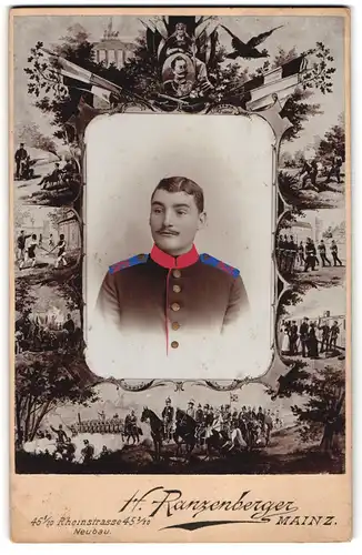 Fotografie H. Ranzenberger, Mainz, Portrait Soldat in Uniform, Rahmen mit militärischen Motiven