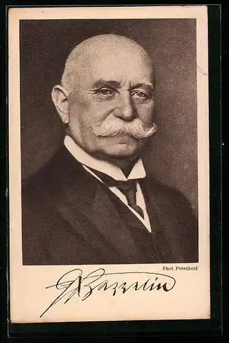 AK Ferdinand Graf von Zeppelin, Portrait des Luftschiffkonstrukteurs, Karte m. Signatur