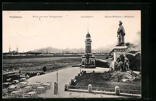 AK Holtenau, Blick auf den Kriegshafen, Leuchtturm, Kaiser-Wilhelm I.-Denkmal