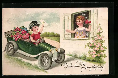 Künstler-AK Kind mit Brief im grünen Auto