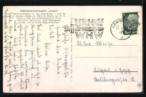 AK Turbinen-Schnelldampfer Europa mit Beibooten