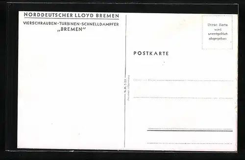 Künstler-AK Passagierschiff Bremen, Norddeutscher Lloyd Bremen