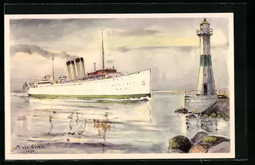 Künstler-AK Fährschiff Drottning Victoria fährt unter Dampf vor Leuchtturm von Trelleborg