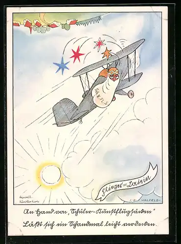 Künstler-AK Flieger-Latein, An Hand von Schüler-Kunstflugstücken Lässt sich ein Schandmal leicht verdecken