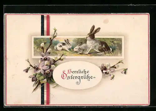 AK Herzliche Ostergrüsse, niedliche Osterhasen