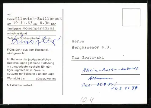 AK Jagdeinladung ins Revier Ellewick-Zwillbrock am 19.11.1983