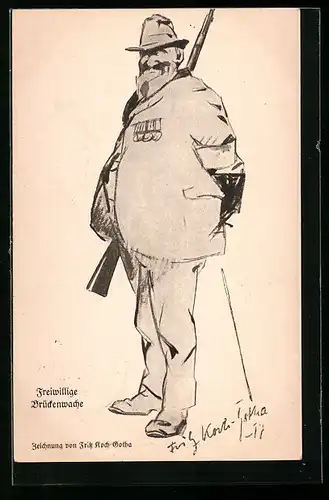 Künstler-AK sign. Fritz Koch Gotha: Freiwillige Brückenwache