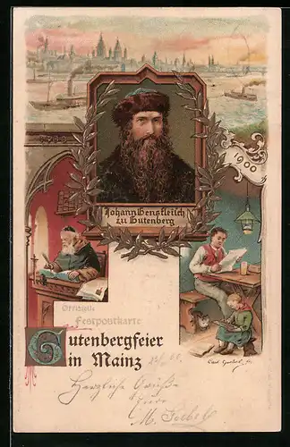 Lithographie Mainz, Gutenbergfeier Festpostkarte, Portrait Gutenberg