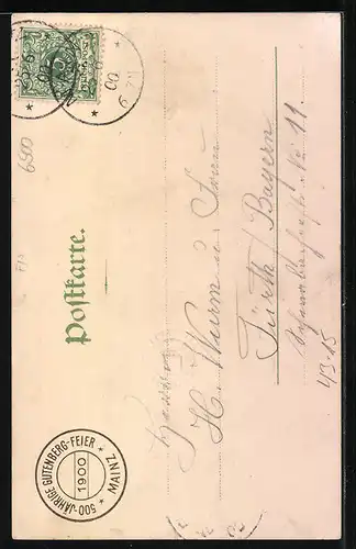 Lithographie Mainz, Gutenbergfeier Festpostkarte, Portrait Gutenberg