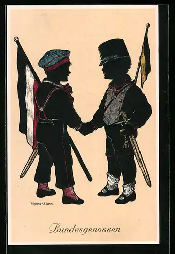 Künstler-AK Alwin Freund: Bundesgenossen - Deutscher und österreichischer Soldat schütteln sich die Hände