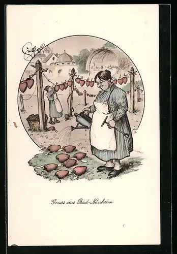 Künstler-AK Heinz Geilfus: Bad-Nauheim, Dame giesst Herzen