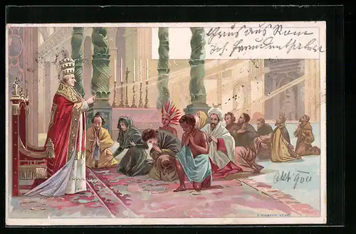 Lithographie Audienz bei Papst Leo XIII. mit Teilnehmern aus aller Welt