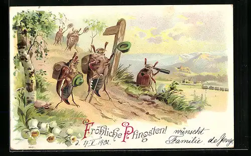 Lithographie Vermenschlichte Maikäfer auf Wanderschaft