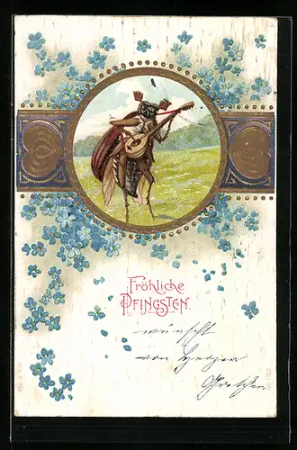 AK Fröhlicher Maikäfer spielt mit seiner Laute, eingerahmt von blauen Blüten und goldenen Herzen