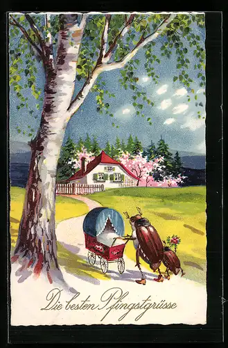 Künstler-AK Maikäfer mit Kinderwagen, Pfingstgruss